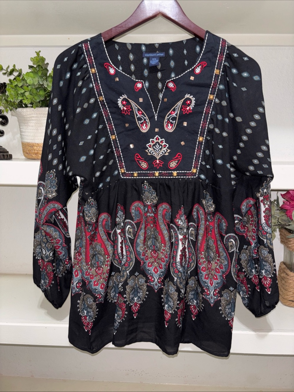 Westbound Black Paisley Embroidered Peasant Blouse with Red & Gray Accents